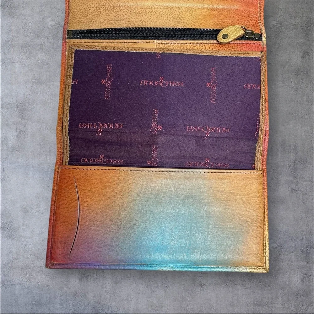 Anuschka Hand Painted Leather Envelope Flap Organizer Wallet Butterflies Floral
